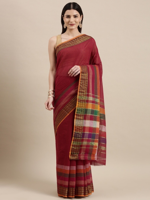 

Pavechas Maroon & Gold-Toned Solid Pure Cotton Narayan Peth Zari Saree