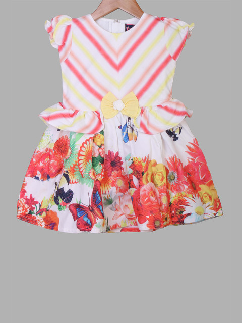 

Enfance Girls White & Pink Floral Cotton Peplum Dress