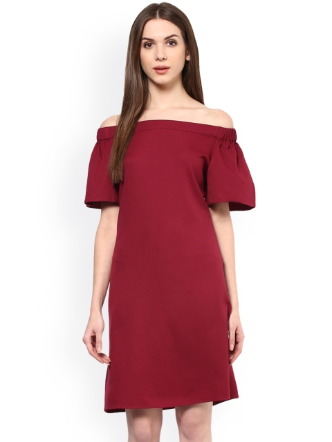 

Harpa Women Maroon Solid Off-Shoulder A-Line Dress