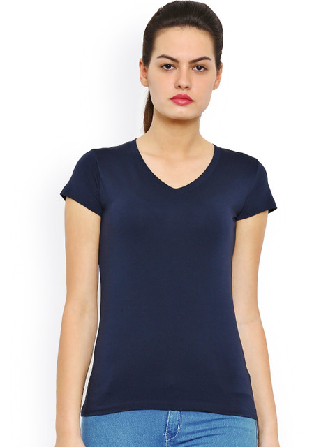 

De Moza Women Navy Solid V-Neck T-shirt, Navy blue