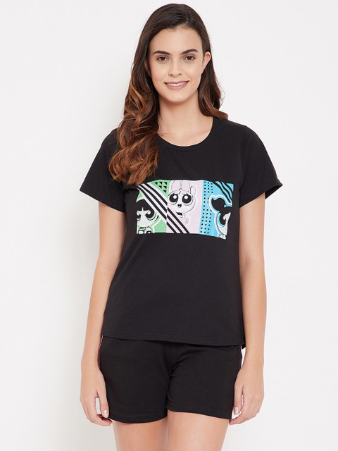 

Clovia Women Black Powerpuff Printed Pure Cotton Night suit