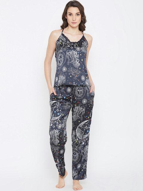 

Clovia Women Black Printed Satin Night suit