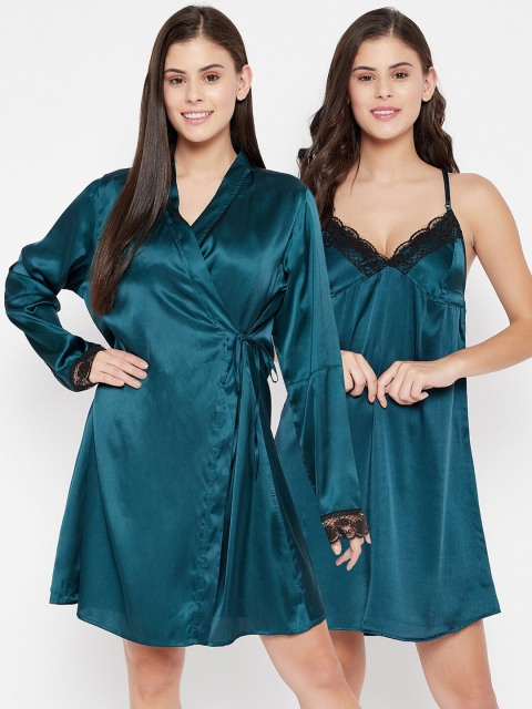 

Clovia Women Green Satin Baby Doll with Robe NS1414P17XXL