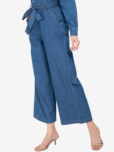 

ZALORA BASICS Women Blue Solid Loose Fit Easy Wash Culottes Trousers