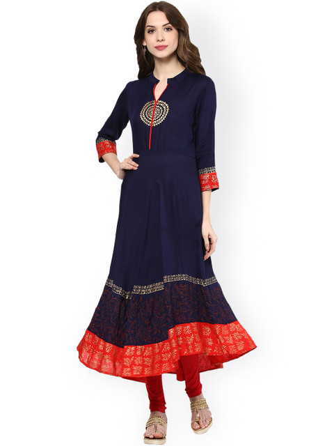 

Shakumbhari Women Navy & Red Block Print Anarkali Kurta, Navy blue