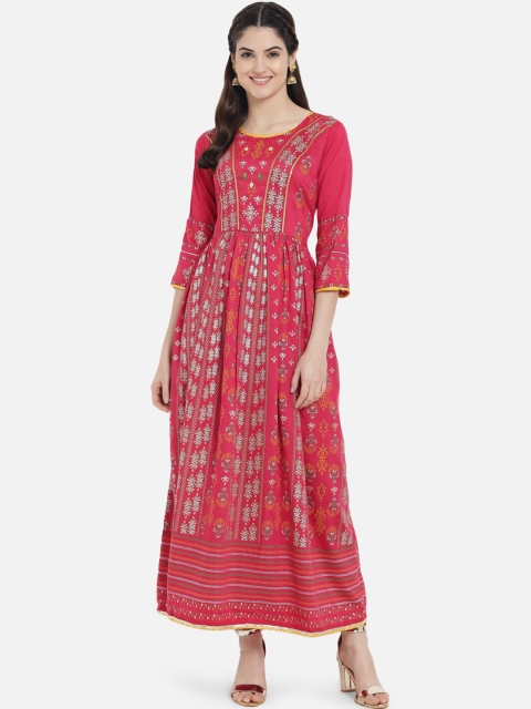 

Kiana Women Fuchsia Ethnic Motifs Printed Cotton Maxi Dress