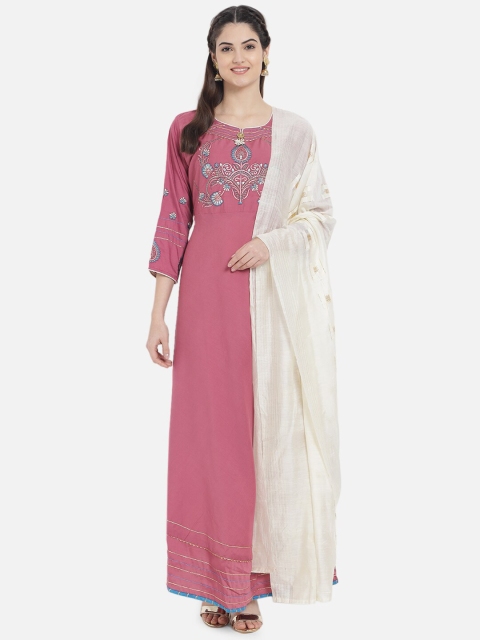 

Kiana Pink & Blue Motifs Embroidered Silk Maxi Dress With Dupatta