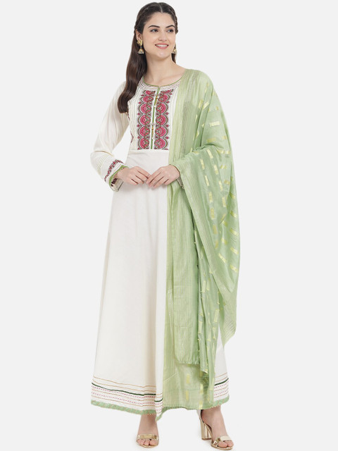 

Kiana White & Green Ethnic Motifs Embroidered Ethnic Maxi Dress