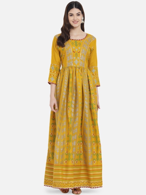 

Kiana Mustard Yellow Cotton Ethnic Maxi Dress