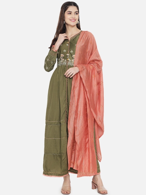 

Kiana Women Olive Green & Peach Embroidered Silk Maxi Dress with Dupatta