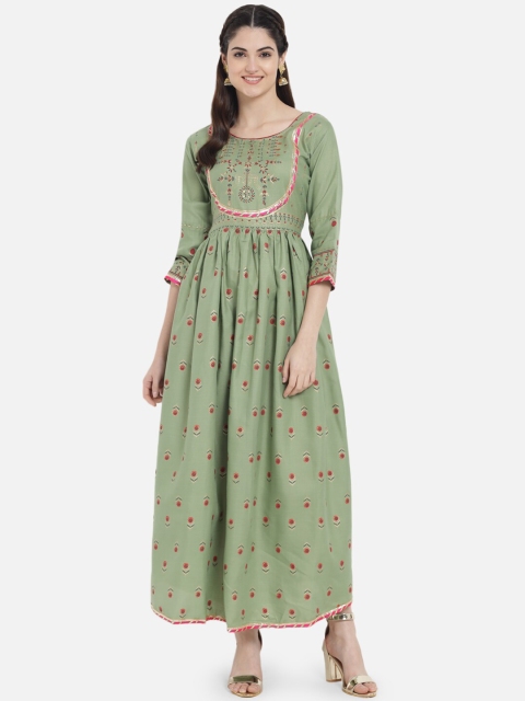 

Kiana Women Green Floral Printed Cotton Maxi Dress