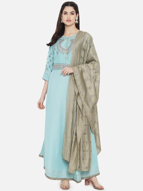 

Kiana Women Turquoise Blue Embroidered Silk Maxi Dress with Dupatta