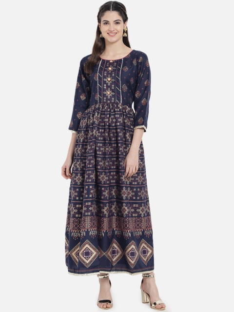 

Kiana Women Blue & Cream-Coloured Ethnic Motifs Cotton Maxi Dress