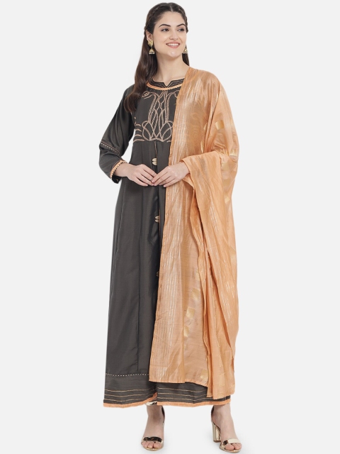 

Kiana Brown & Peach-Coloured Embroidered Silk Maxi Dress With Dupatta