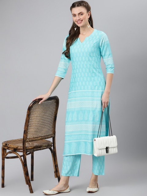 

Khushal K Women Sea Green & White Ethnic Motifs Printed Kurta with Palazzos
