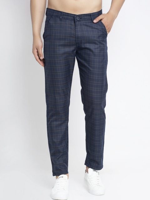 

JAINISH Men Navy Blue Checked Smart Slim Fit Easy Wash Pure Cotton Chinos