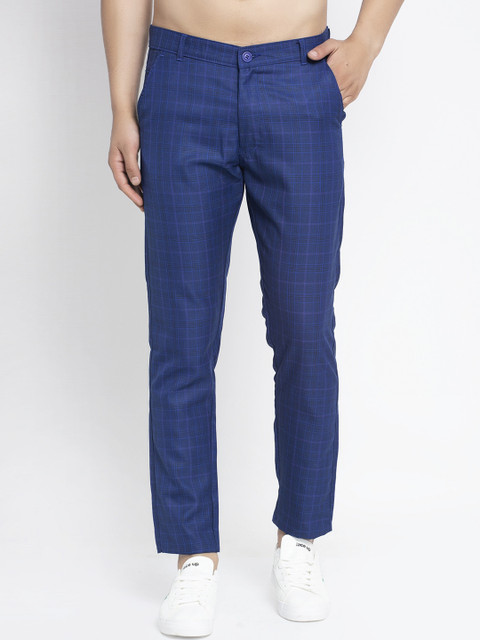 

JAINISH Men Blue Checked Smart Slim Fit Easy Wash Trousers