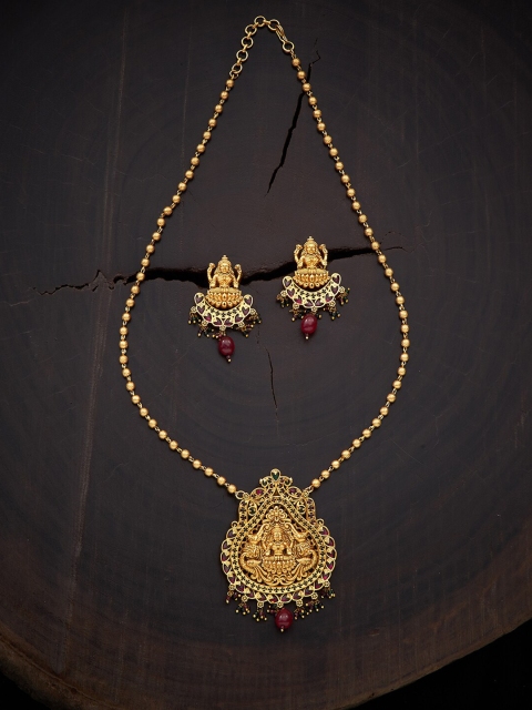 

Kushal's Fashion Jewellery Red Gold-Plated Necklace With Earrings