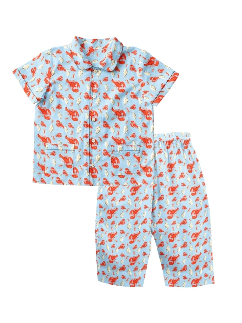 

THE BABY ATELIER Unisex Kids Blue & Orange Printed Organic Cotton Night Suit