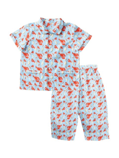 

THE BABY ATELIER Unisex Kids Blue & Orange Printed Cotton Night suit