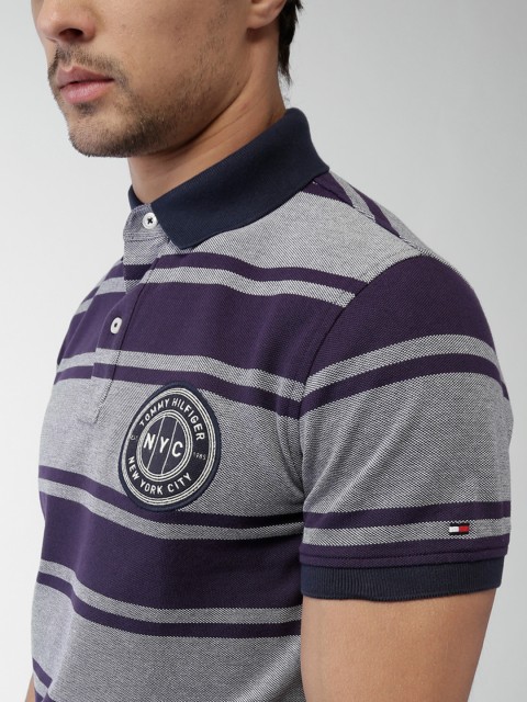 

Tommy Hilfiger Men Navy Blue Solid Striped Polo T-shirt