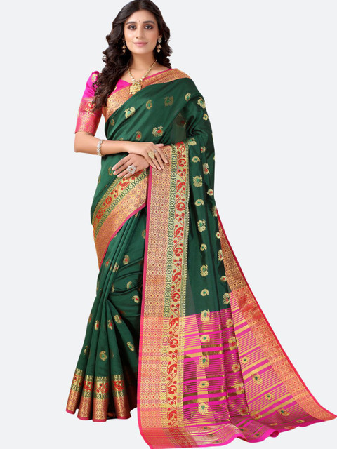 

SIRIL Green & Pink Woven Design Zari Silk Blend Banarasi Saree