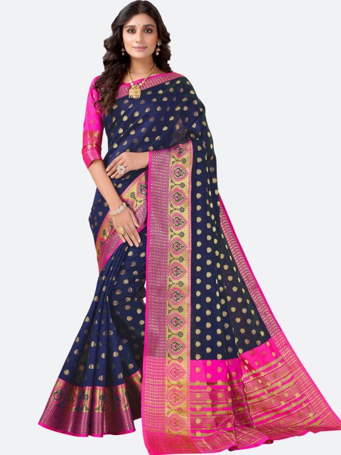 

SIRIL Navy Blue & Gold-Toned Woven Design Zari Silk Blend Banarasi Saree