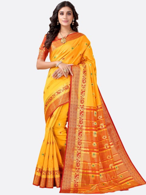 

SIRIL Yellow & Red Woven Design Zari Silk Blend Banarasi Saree