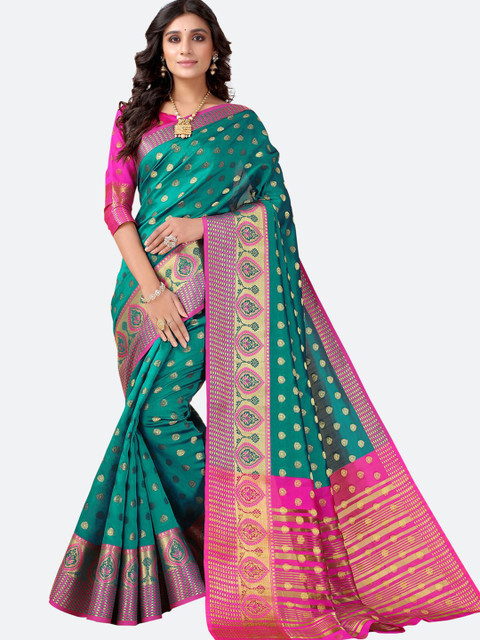 

SIRIL Green & Pink Woven Design Zari Silk Blend Banarasi Saree