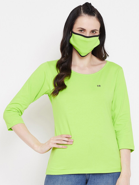 

Okane Women Green V-Neck Applique T-shirt with Mask