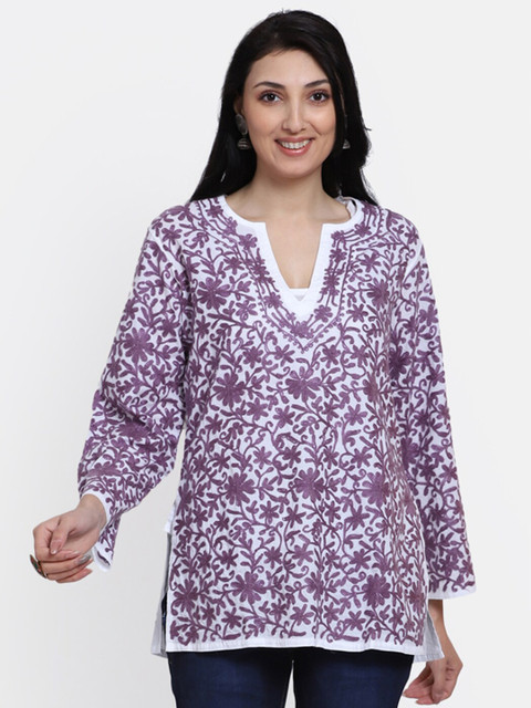 

PARAMOUNT CHIKAN Purple & White Ethnic Motifs Embroidered Pure Cotton Chikankari Kurti