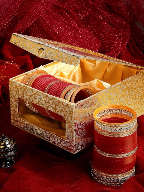 

PANASH Gold-Plated Red AD-Studded Wedding Chuda Set Of 72