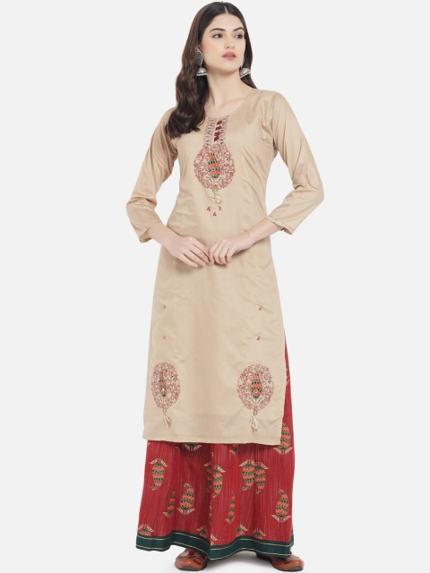 

Kiana Women Khaki Floral Embroidered Pure Cotton Kurta with Skirt