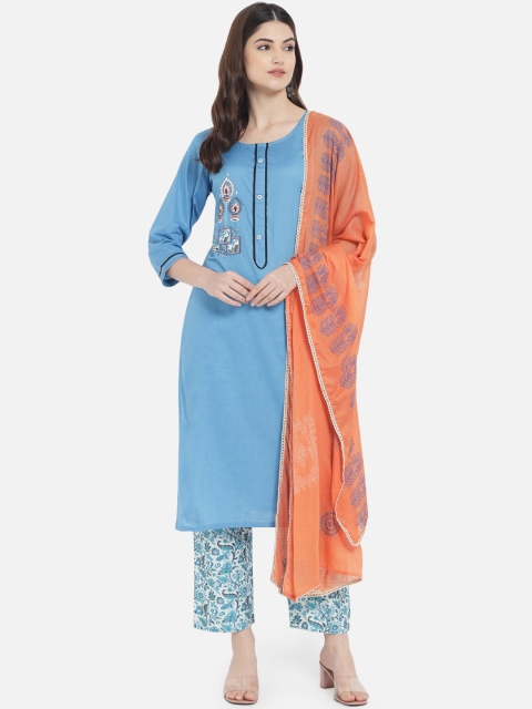 

Kiana Women Blue Floral Printed Layered Pure Cotton Kurta with Trousers & Dupatta