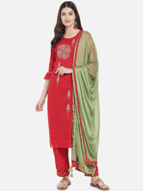 

Kiana Women Red Floral Embroidered Sequinned Pure Silk Kurta with Trousers & Dupatta