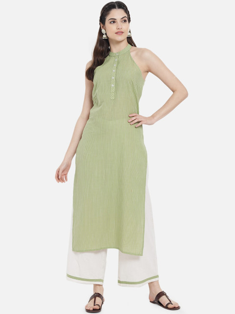 

Kiana Women Green Floral Striped Pure Cotton Kurta with Palazzos