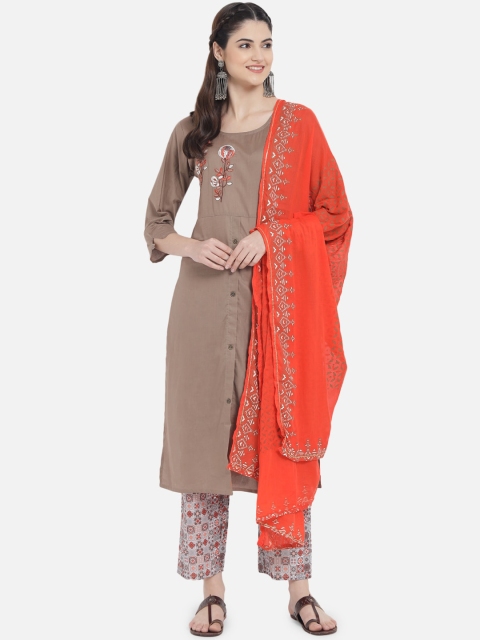 

Kiana Women Brown Floral Embroidered Pure Cotton Kurta with Trousers & Dupatta