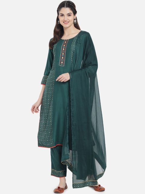 

Kiana Women Green & Gold Ethnic Motifs Printed Kurta with Trousers & With Dupatta