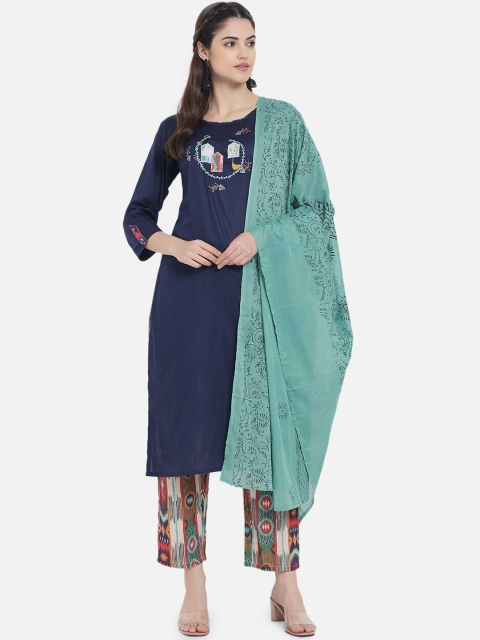 

Kiana Women Blue & Green Yoke Design Pure Cotton Kurta with Trousers & Dupatta