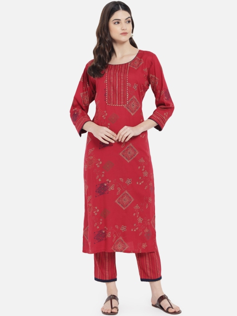 

Kiana Women Red Ethnic Motifs Printed Pure Cotton Kurta with Trousers