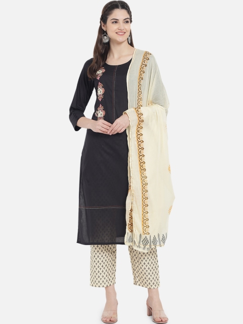 

Kiana Women Black & Beige Floral Embroidered Pure Cotton Kurta With Trousers & Dupatta