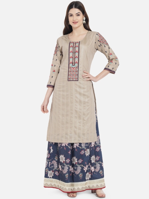 

Kiana Women Grey & Navy Blue Floral Printed Pure Cotton Kurta with Skirt Set