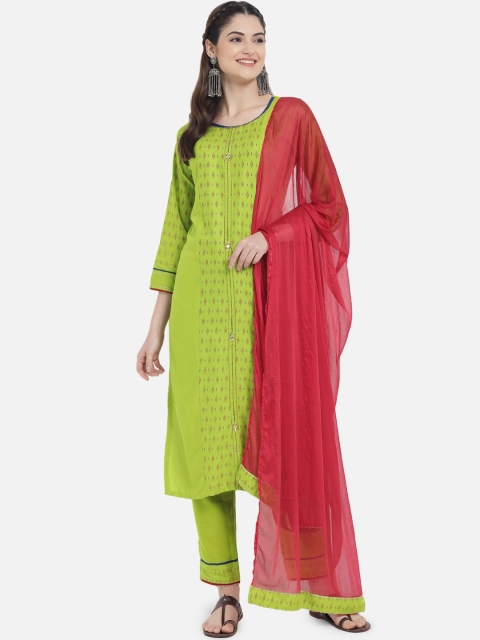 

Kiana Women Lime Green Printed Panelled Kurta with Trousers & With Dupatta