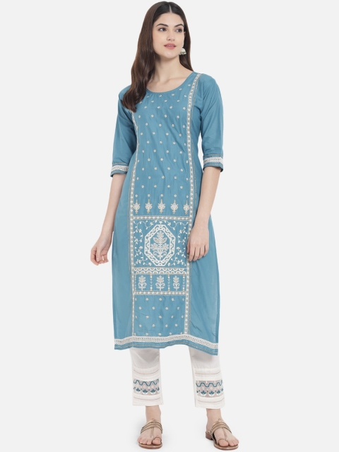 

Kiana Women Blue & White Ethnic Motifs Embroidered Pure Cotton Kurta With Trousers