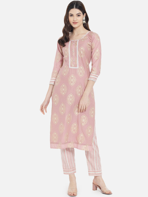 

Kiana Women Mauve Ethnic Motifs Printed Pure Cotton Kurta Trousers Set