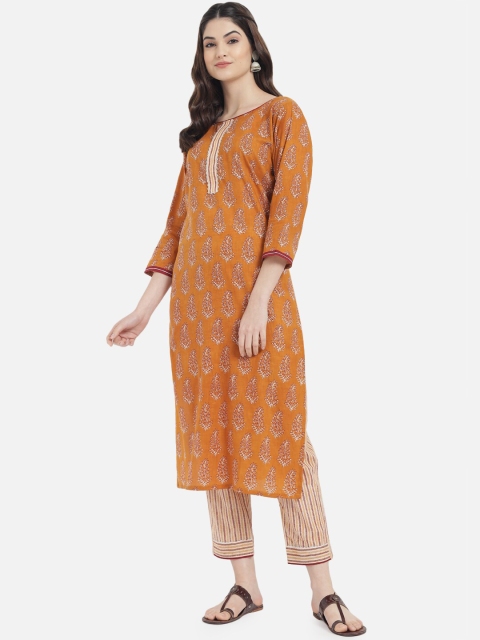 

Kiana Women Orange Printed Pure Cotton Kurta with Trousers