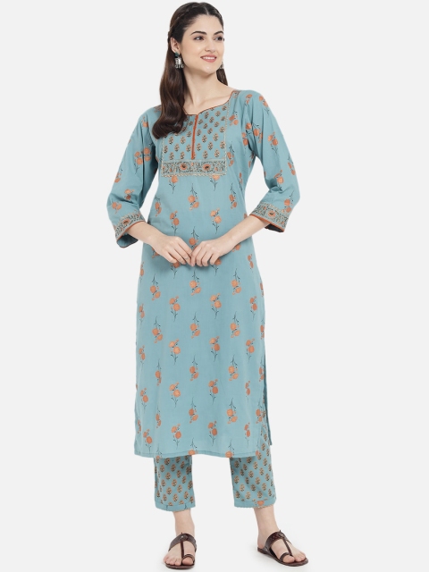 

Kiana Women Blue Floral Printed Pure Cotton Kurta with Trousers