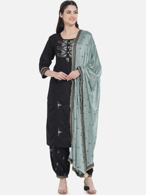 

Kiana Women Black & Blue Ethnic Motifs Embroidered Pure Silk Kurta Patiala & Dupatta