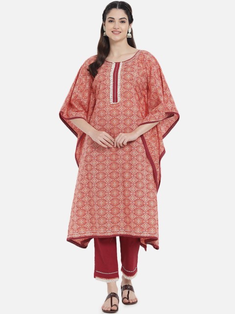 

Kiana Women Orange & Maroon Floral Printed Pure Cotton Kurta With Trousers
