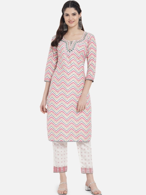 

Kiana Women Pink & White Chevron Printed Pure Cotton Kurta with Trousers